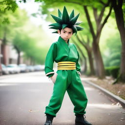 The image is a striking, high-resolution photograph of a cosplayer portraying Gon Freecss