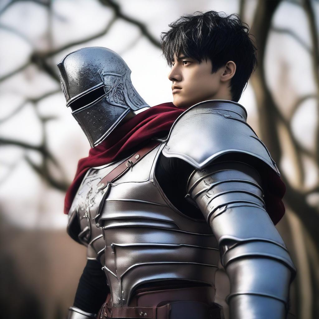 A high-quality photograph capturing a realistic cosplay of the character Guts from the manga series Berserk