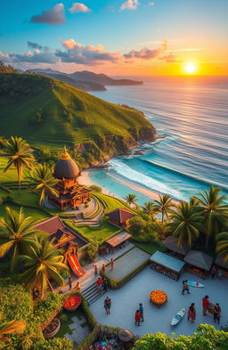 A vibrant and stunning landscape showcasing the beauty of Indonesia, highlighting its lush green rice terraces, crystal clear blue seas, and a breathtaking sunset over the horizon