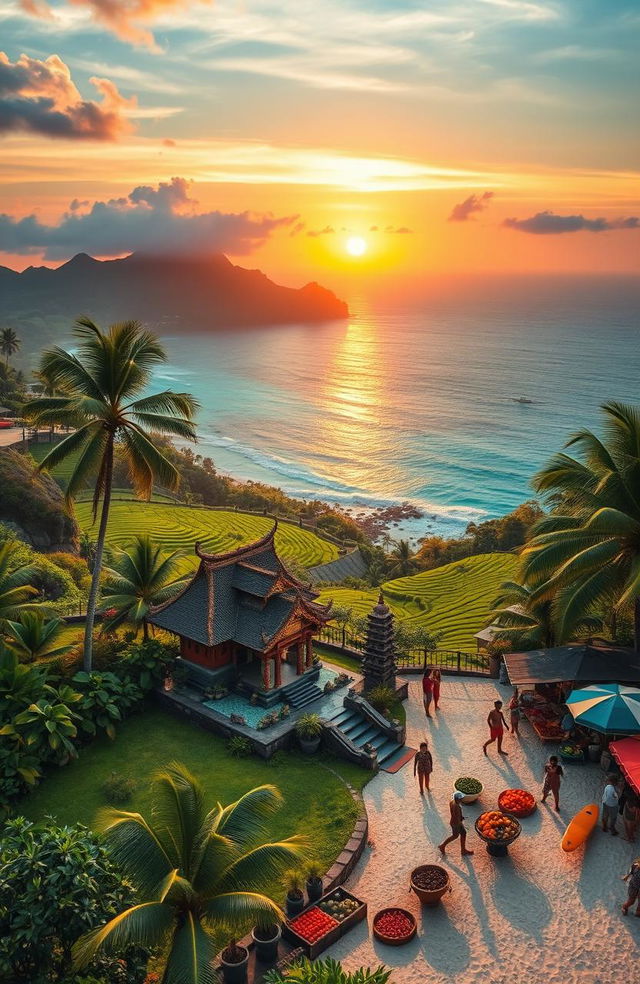 A vibrant and stunning landscape showcasing the beauty of Indonesia, highlighting its lush green rice terraces, crystal clear blue seas, and a breathtaking sunset over the horizon