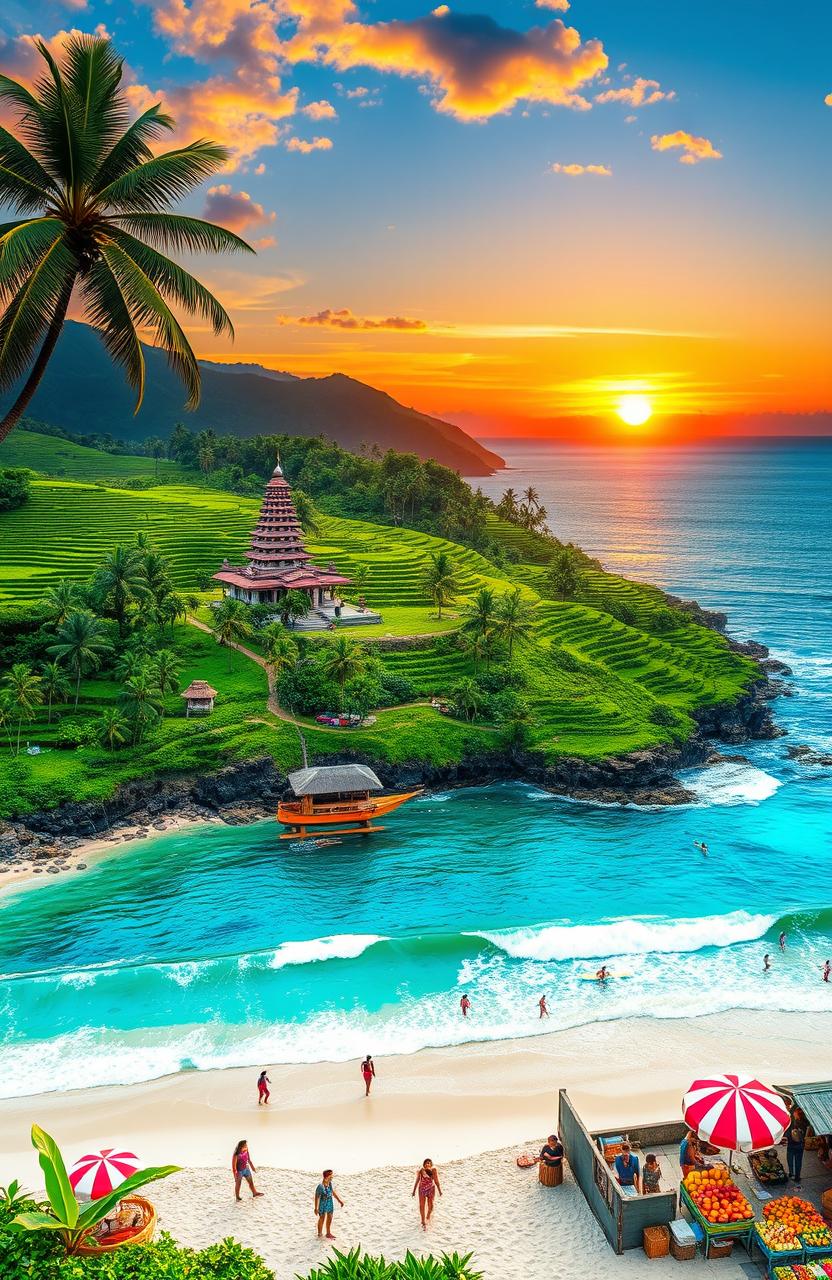 A vibrant and stunning landscape showcasing the beauty of Indonesia, highlighting its lush green rice terraces, crystal clear blue seas, and a breathtaking sunset over the horizon