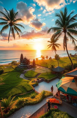 A vibrant and stunning landscape showcasing the beauty of Indonesia, highlighting its lush green rice terraces, crystal clear blue seas, and a breathtaking sunset over the horizon