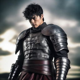 A high-quality photograph capturing a realistic cosplay of the character Guts from the manga series Berserk