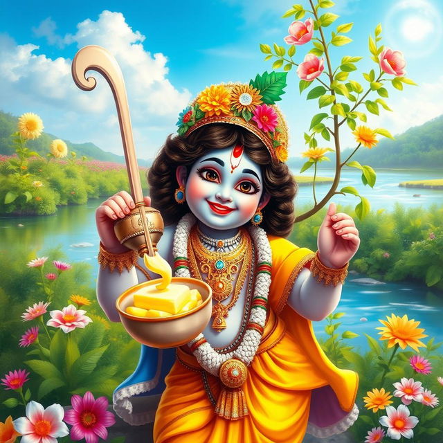 A vibrant depiction of Lord Krishna, the Hindu deity, playfully holding a pot of makhan (butter) with a charming smile on his face