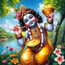 A vibrant depiction of Lord Krishna, the Hindu deity, playfully holding a pot of makhan (butter) with a charming smile on his face