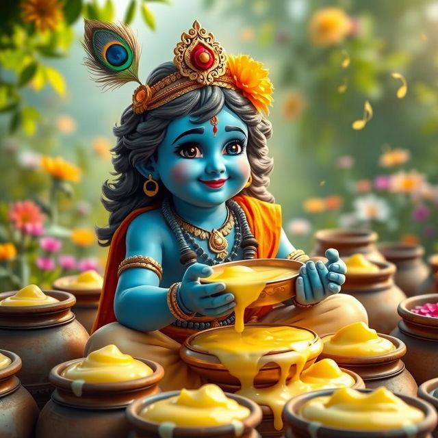 An enchanting scene of Lord Krishna, depicted with a gentle and playful demeanor, surrounded by pots of makkhan (butter)