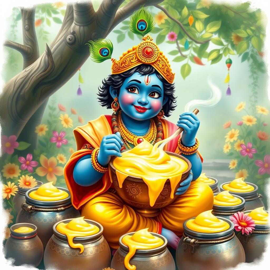 An enchanting scene of Lord Krishna, depicted with a gentle and playful demeanor, surrounded by pots of makkhan (butter)