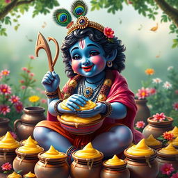 An enchanting scene of Lord Krishna, depicted with a gentle and playful demeanor, surrounded by pots of makkhan (butter)