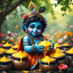 An enchanting scene of Lord Krishna, depicted with a gentle and playful demeanor, surrounded by pots of makkhan (butter)