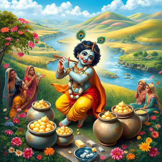 A divine depiction of Lord Krishna, the Hindu deity, playfully stealing butter (makkhan) in a lush, vibrant setting