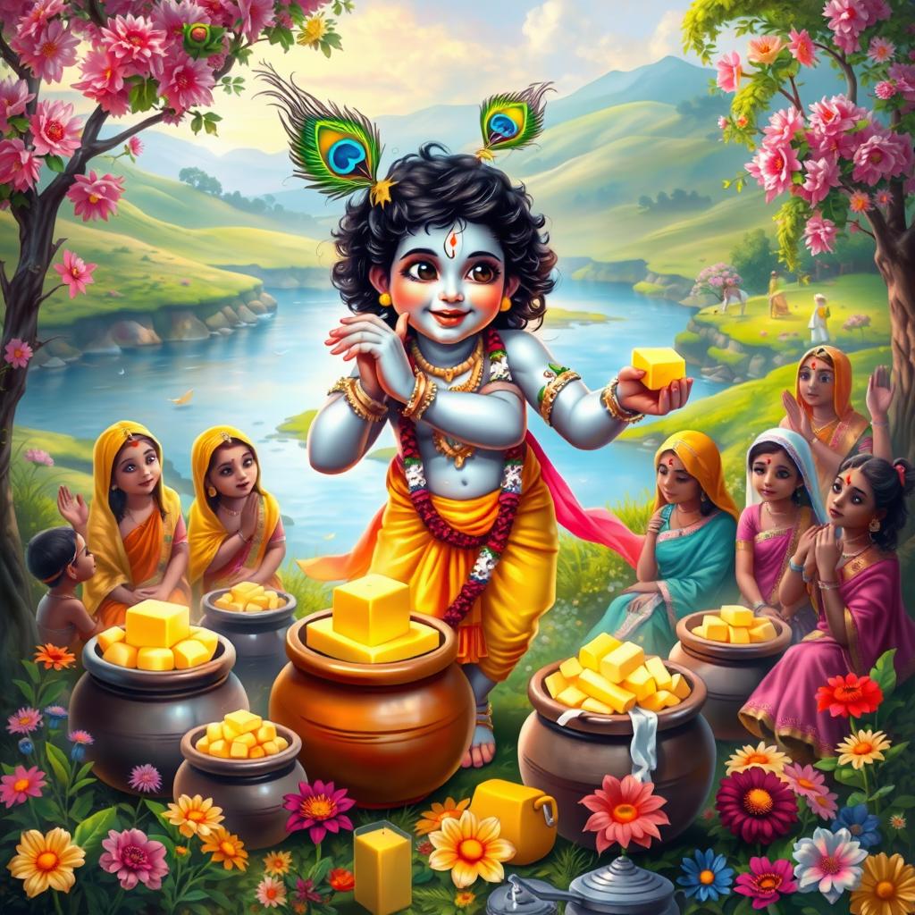 A divine depiction of Lord Krishna, the Hindu deity, playfully stealing butter (makkhan) in a lush, vibrant setting