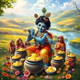A divine depiction of Lord Krishna, the Hindu deity, playfully stealing butter (makkhan) in a lush, vibrant setting