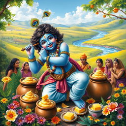 A divine depiction of Lord Krishna, the Hindu deity, playfully stealing butter (makkhan) in a lush, vibrant setting