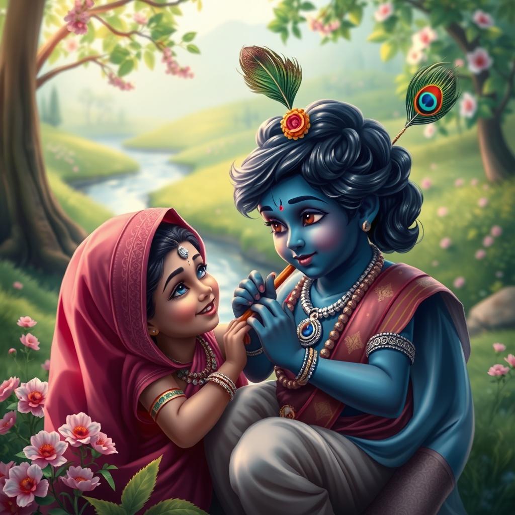 A serene and heartwarming scene of young Shri Krishna with his mother, Yashoda