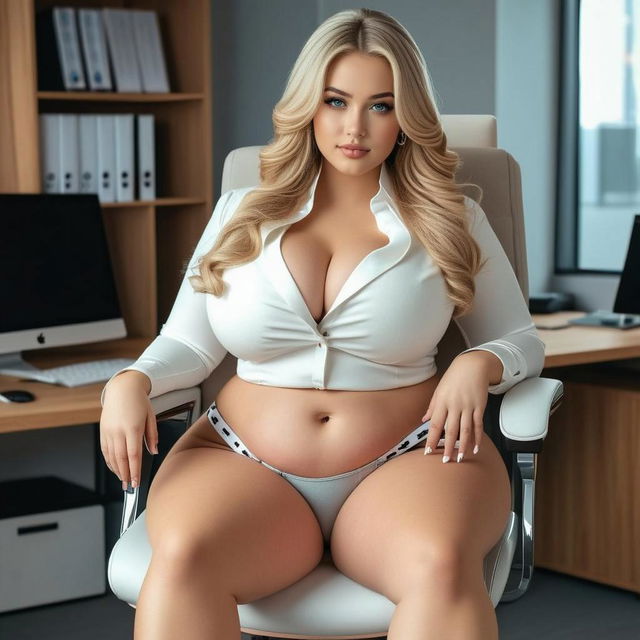 A confident woman sitting in an office chair, wearing a fitted white shirt that accentuates her curves and showcases her smooth skin