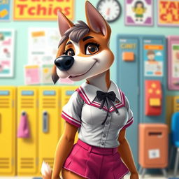 An anthropomorphic female dog with large breasts wearing a stylish school uniform
