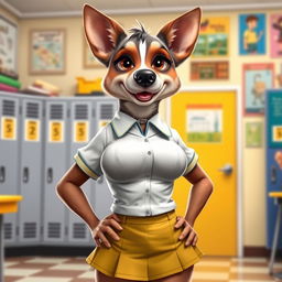 An anthropomorphic female dog with large breasts wearing a stylish school uniform