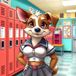 An anthropomorphic female dog with large breasts wearing a stylish school uniform