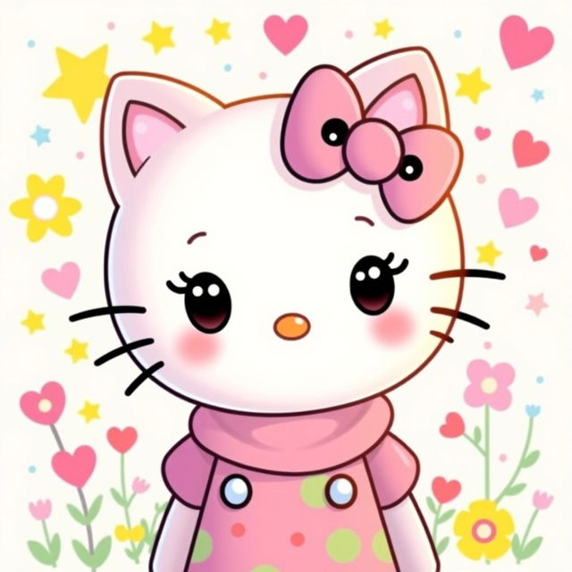 A cute character inspired by Hello Kitty, featuring a round face with large expressive eyes, a small nose, and a warm smile