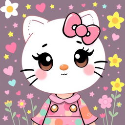A cute character inspired by Hello Kitty, featuring a round face with large expressive eyes, a small nose, and a warm smile