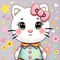 A cute character inspired by Hello Kitty, featuring a round face with large expressive eyes, a small nose, and a warm smile