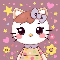 A cute character inspired by Hello Kitty, featuring a round face with large expressive eyes, a small nose, and a warm smile