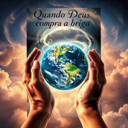 A captivating book cover design featuring two hands gently holding Planet Earth, surrounded by swirling clouds that evoke a mystical feel