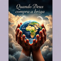 A captivating book cover design featuring two hands gently holding Planet Earth, surrounded by swirling clouds that evoke a mystical feel