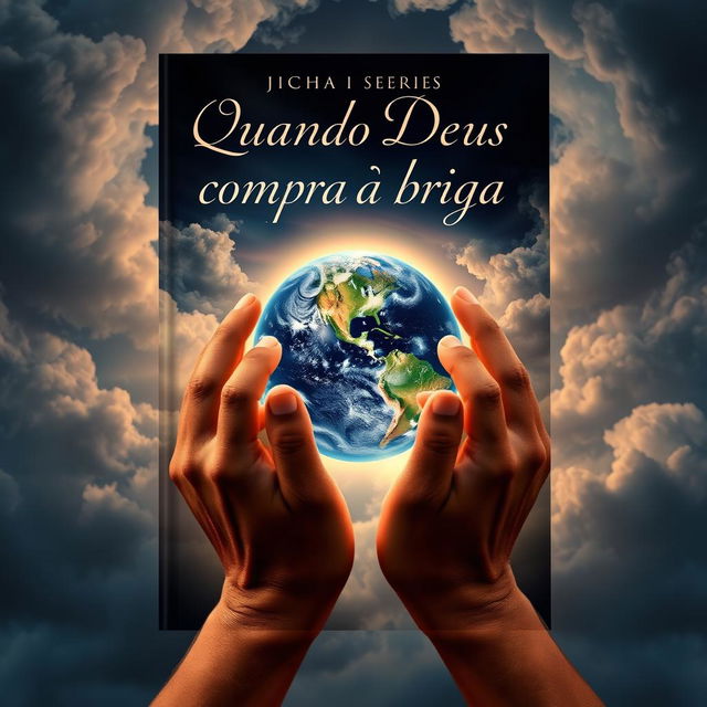 A captivating book cover design featuring two hands gently holding Planet Earth, surrounded by swirling clouds that evoke a mystical feel