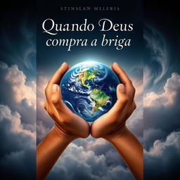 A captivating book cover design featuring two hands gently holding Planet Earth, surrounded by swirling clouds that evoke a mystical feel