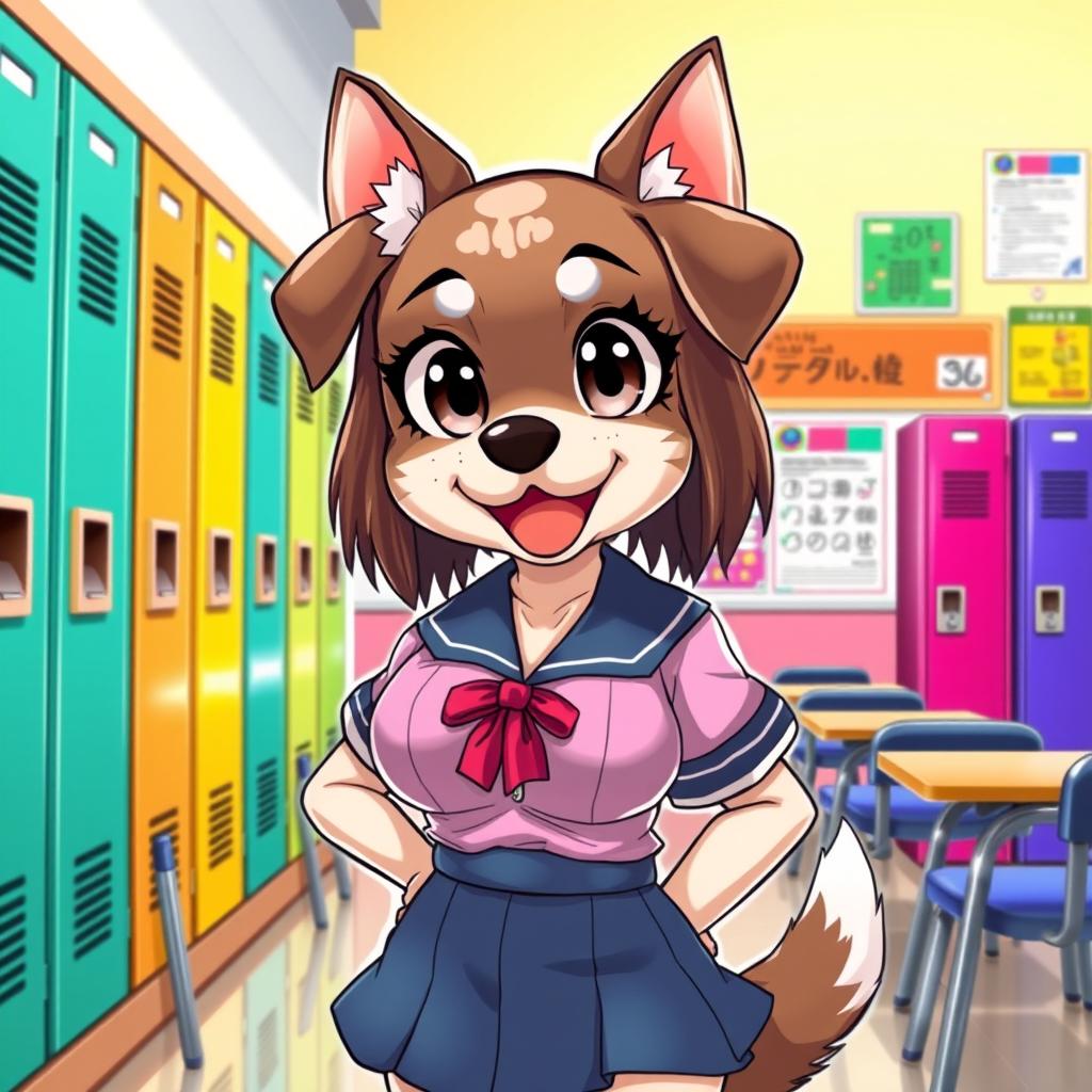 A Manga style illustration of an anthropomorphic female dog with large breasts, dressed in a stylish school uniform