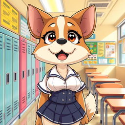 A Manga style illustration of an anthropomorphic female dog with large breasts, dressed in a stylish school uniform