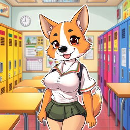 A Manga style illustration of an anthropomorphic female dog with large breasts, dressed in a stylish school uniform