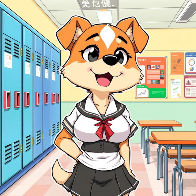 A Manga style illustration of an anthropomorphic female dog with large breasts, dressed in a stylish school uniform