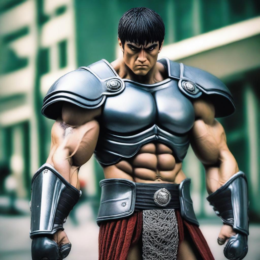 An enhanced photograph that depicts the cosplayer of Guts now with a more muscular physique