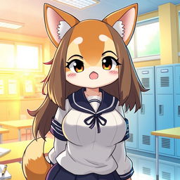A manga-style illustration featuring a Kemono female dog character with oversized breasts, dressed in a traditional school uniform