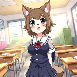 A manga-style illustration featuring a Kemono female dog character with oversized breasts, dressed in a traditional school uniform