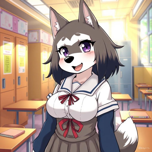 A manga-style illustration featuring a Kemono female dog character with oversized breasts, dressed in a traditional school uniform