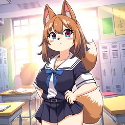 A manga-style illustration featuring a Kemono female dog character with oversized breasts, dressed in a traditional school uniform
