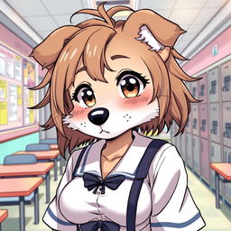 A manga-style illustration of a female anthropomorphic dog with messy hair and huge breasts