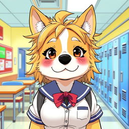 A manga-style illustration of a female anthropomorphic dog with messy hair and huge breasts