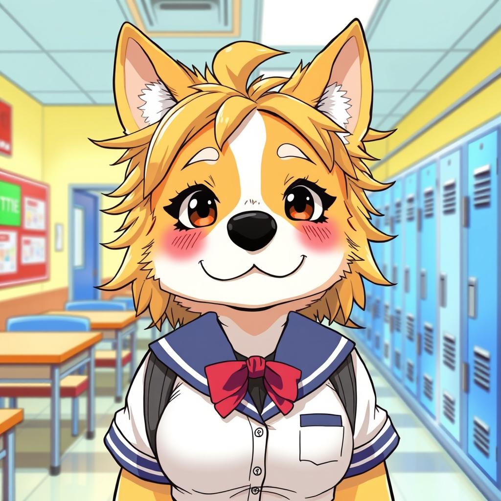 A manga-style illustration of a female anthropomorphic dog with messy hair and huge breasts
