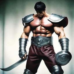 An enhanced photograph that depicts the cosplayer of Guts now with a more muscular physique