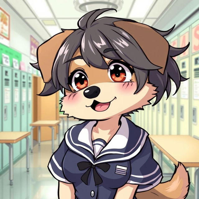 A manga-style illustration of a female anthropomorphic dog with messy hair and huge breasts