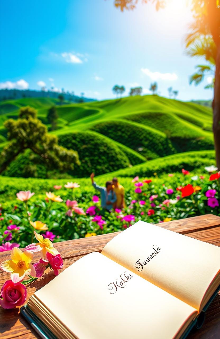 A serene and beautiful scene depicting a traditional Sri Lankan landscape, with lush green tea plantations rolling in the background, under a clear blue sky