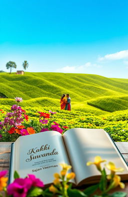 A serene and beautiful scene depicting a traditional Sri Lankan landscape, with lush green tea plantations rolling in the background, under a clear blue sky