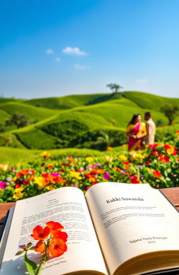 A serene and beautiful scene depicting a traditional Sri Lankan landscape, with lush green tea plantations rolling in the background, under a clear blue sky