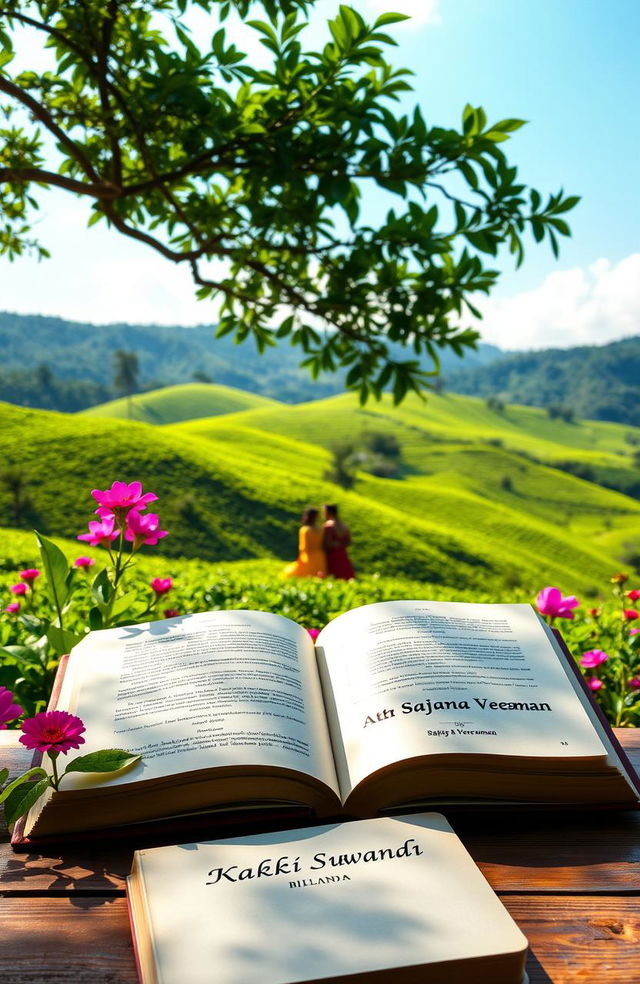 A serene and beautiful scene depicting a traditional Sri Lankan landscape, with lush green tea plantations rolling in the background, under a clear blue sky