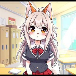 A manga-style illustration featuring a Kemono female dog character with long, messy hair and oversized breasts, dressed in a traditional school uniform