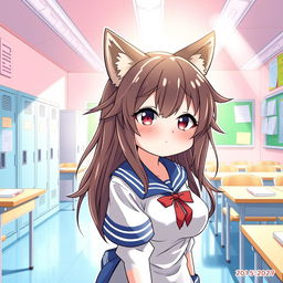 A manga-style illustration featuring a Kemono female dog character with long, messy hair and oversized breasts, dressed in a traditional school uniform